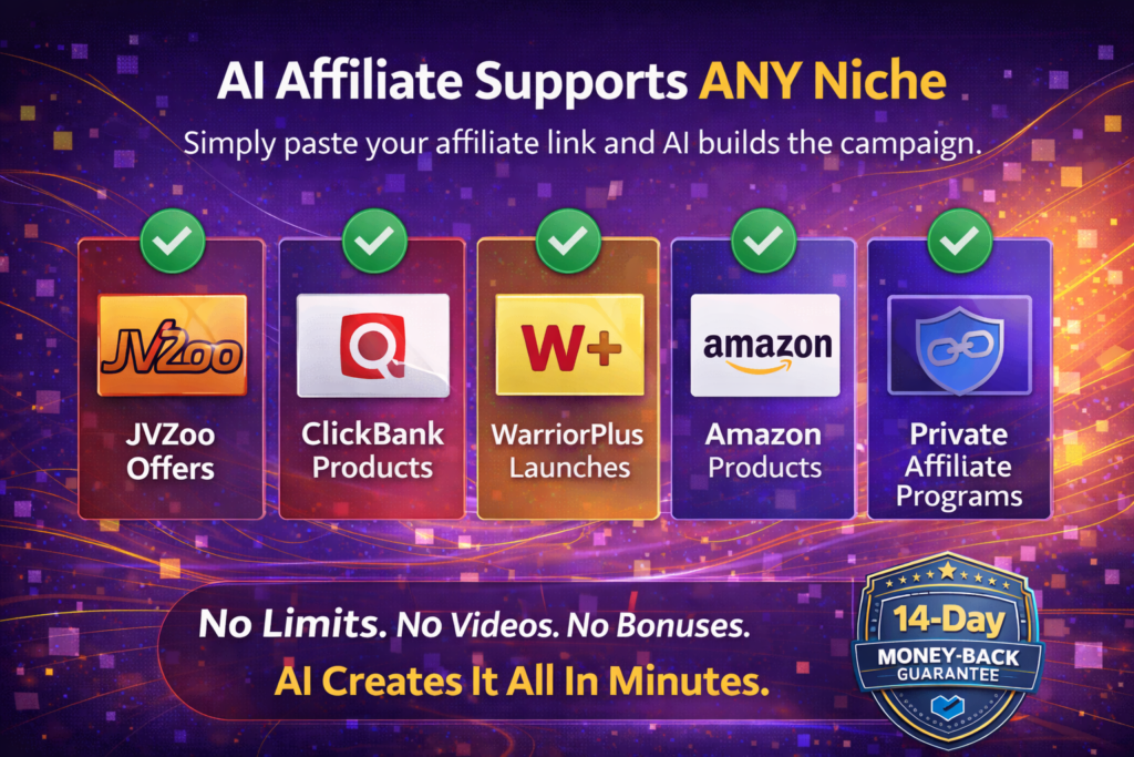 AI Affiliate supports any niche with JVZoo, ClickBank, WarriorPlus, Amazon and private programs